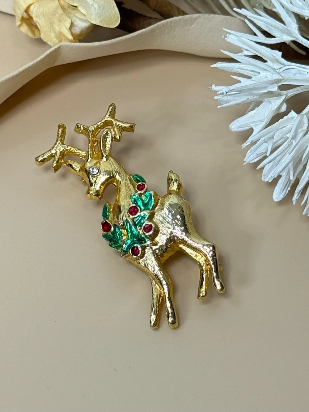 Gold Tone Christmas Reindeer Brooch Red Green Rhinestone Holiday Pin